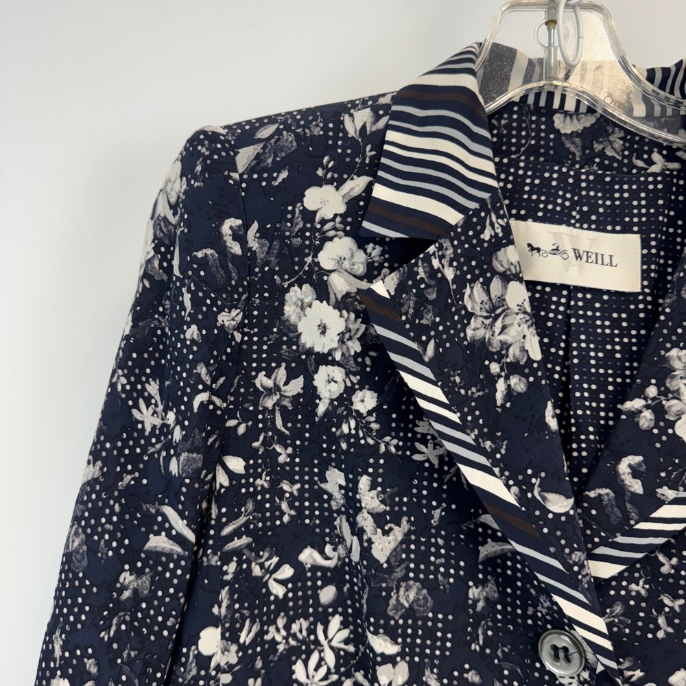 Weill Paris 100% Silk Floral Polka Dot Striped Trim Blazer Navy White Size 10 - Picture 9 of 16